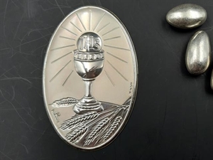 MAR58 PLACCA ARGENTO COMUNIONE OVALE 5,5x8,5cm