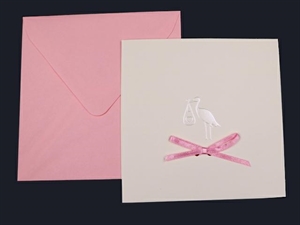 NCC0086 ANNUNCIO NASCITA ROSA CICOGNA CON NASTRINO