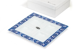 CAP-09 ANTIPASTIERA VETRO BIANCO/BLU 30x30cm + ASTUCCIO
