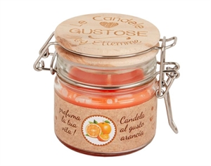 07A196 BARATTOLO ERMETICO VETRO con CANDELA ARANCIA h7,5cm