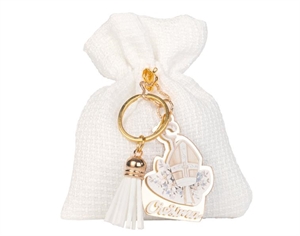 C2883 SACCHETTO CRESIMA BIANCO con PORTACHIAVI 10x12cm 12xSC