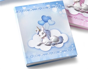452842 ALBUM CELESTE con UNICORNO METALLO PREZIOSO 20X25